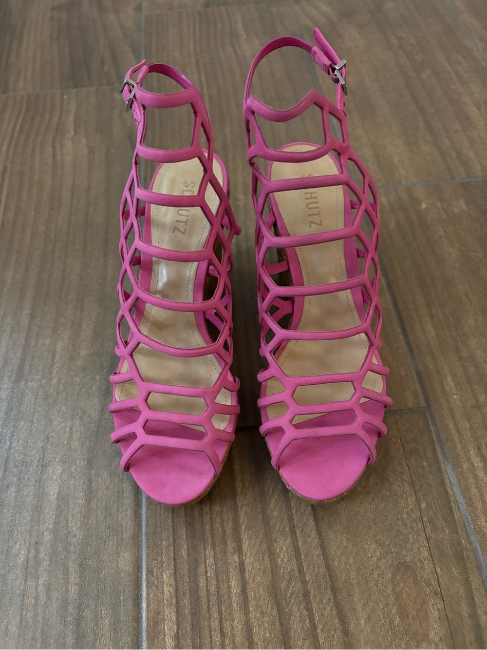 Schutz Marlyn Pink Espadrille Wedge Caged Open Toe Heeled Sandals